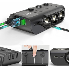 Car Charger Cigarette Lighter Socket Splitter 120 W Cigarette Lighter Adapter with 3 USB Ports Separate Switch Voltage Display PD Quick Charge for Phone Tablets Dash Cam