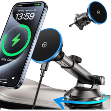 GuMosh Mag-Safe Car Mount with LED Light for Night Orientation Mag-Safe Charger Car Mobile Phone Holder Car with Charging Function for Dashboard Vent Windscreen for iPhone 16 15 14 13 12