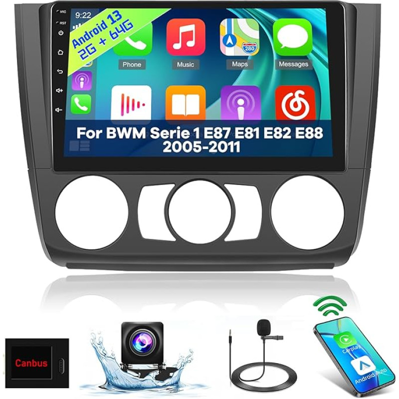 [2+64G] Android 13 Car Radio for BMW Series 1 E87 E81 E82 E88 2004-2012 with Wireless Carplay & Android Car, 9 Inch Touchscreen Car Radio with WiFi GPS Mirror Link DSP FM/RDS Radio + AHD Rear View