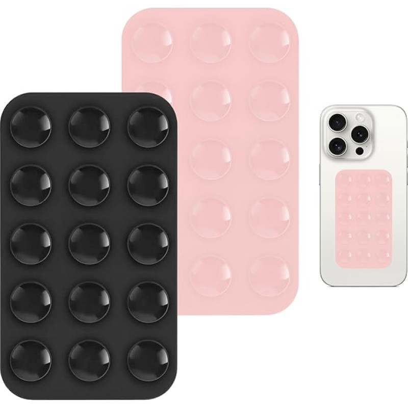 2 Pack Cell Phone Adhesive Pads Double Sided Suction Cup Holder Silicone Suction Cup for Shower Mirror Car Selfies (Black, Light Pink)