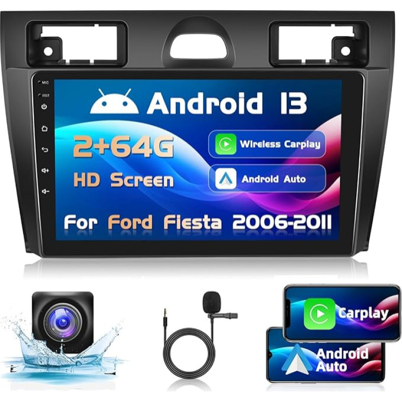 Podofo Car Radio for Ford Fiesta Mk VI Mk5 2006-2011 with Wireless Carplay Android Car, Android 13 2 + 64G 9 Inch Touchscreen Radio with Bluetooth, WiFi, GPS + Reversing Camera