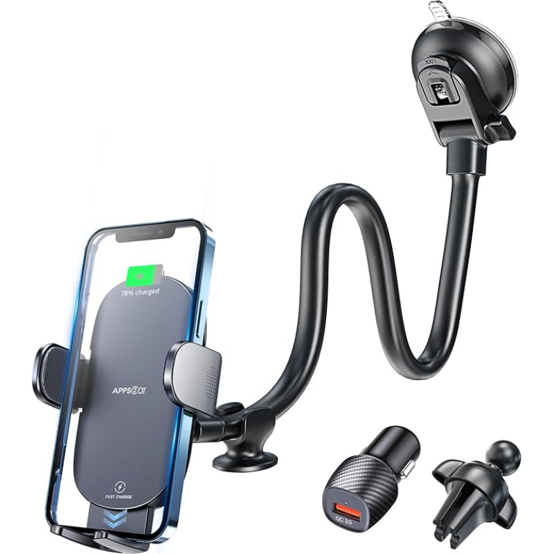 APPS2Car 15W Qi Mobile Phone Holder Car with Charging Function, Mobile Phone Holder Car Inductive Charging for Suction Cup Windscreen Ventilation, Wireless Car Charger for iPhone 14/13/12 Pro Max