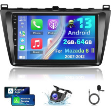 2+64G Android Car Radio for Mazda 6 Ⅱ Combi 2.2 GH 2007-2012 with Wireless Carplay and Android Car - 9 Inch Touchscreen Radio with WiFi GPS EQ 28 Desktop Themes + AHD Rear View Camera & Microphone