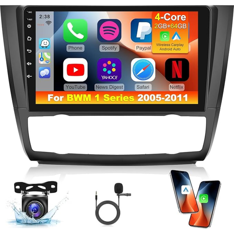 2+64G Android Car Radio for BMW 1 Series E81 E82 E87 E88 2005-2011 with Carplay and Andorid Car - WiFi GPS EQ Steering Wheel Control 28 Desktop Themes + Reversing Camera & Microphone