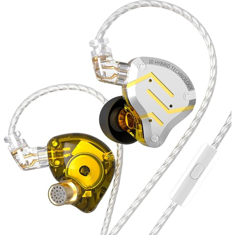 KZ ZS10 Pro In-Ear Headphones with Cable, 30Ω HiFi In-Ear Headphones Cable, IEM In-Ear Monitors Headphones Earphones for Sports Gaming Music (Gold, with Microphone)