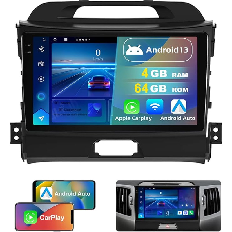 Dvrmedia Car Radio 4GB + 64GB Android 13 for KIA Sportage 3 2010-2016 9 Inch Touchscreen with Bluetooth Radio Wireless CarPlay Android Car Radio 2DIN with GPS FM WiFi DSP