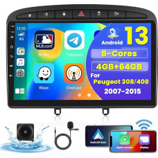 [8Cores 4G + 64G] Hikity Car Radio Android 13 for Peugeot 308 408 2007-2015 9 Inch Touch Display Car Radio with 1280 x 720 Pixel 32EQ FM RDS Wireless Carplay Android Car Navigation WFI Bluetooth