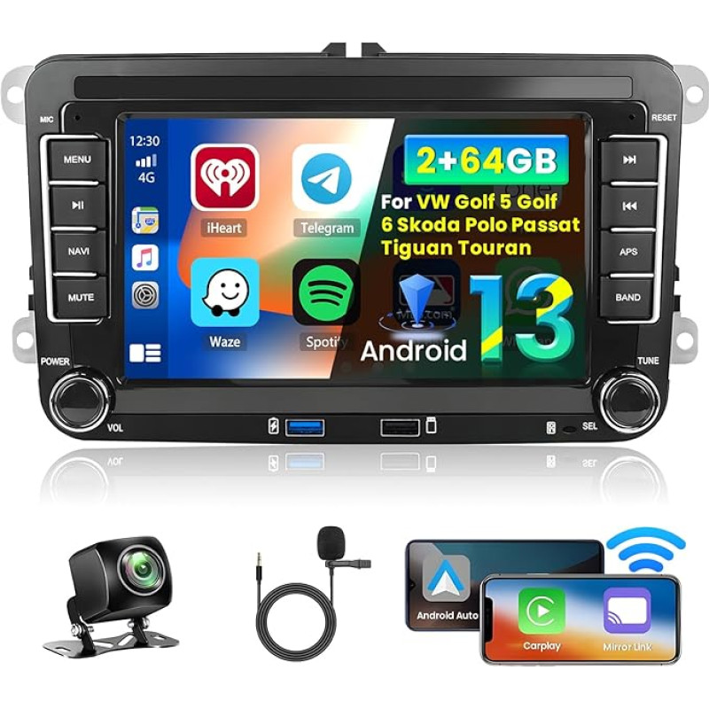 Inefala 7 Inch Android 13 Car Radio for VW Golf 5 Golf 6 Skoda Polo Passat Tiguan Touran 2 DIN Screen (2+64GB) with Wireless CarPlay Android Car FM RDS GPS Bluetooth WiFi USB Steering Wheel Control