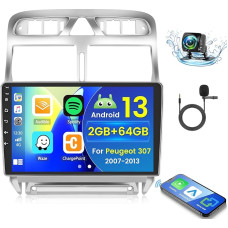 2+64GB Android 13 Car Radio for Peugeot 307 2007-2013 Radio Wireless Carplay Android Car, 9 Inch IPS Touch Screen Radio with Reversing Camera, Bluetooth, Navi, WiFi, DSP, EQ, Mirror Link