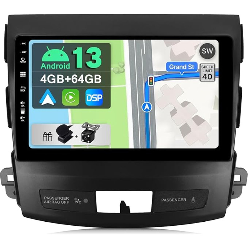 [4GB + 64GB] Android 13 Car Radio for Mitsubishi Outlander/Peugeot 4007/Citroen C-Crosser-[Integrated CarPlay/Android Car/DSP/GPS]-9 Inch IPS DAB/Mirror Link/Bluetooth 5.0/AHD/360 Camera