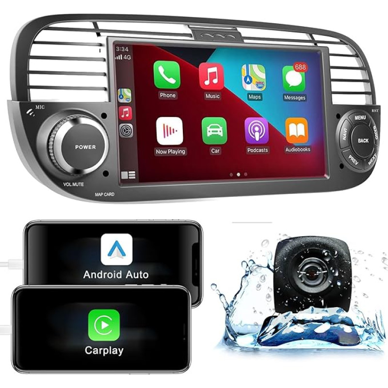 ANKEWAY RDS Car Radio for Fiat 500 2007-2015, 7 Inch [2G + 32G] Android 2 DIN Car Radio with Wireless Carplay + Wireless Android Car, WiFi, Bluetooth, GPS NAV, Reversing Camera (Black)