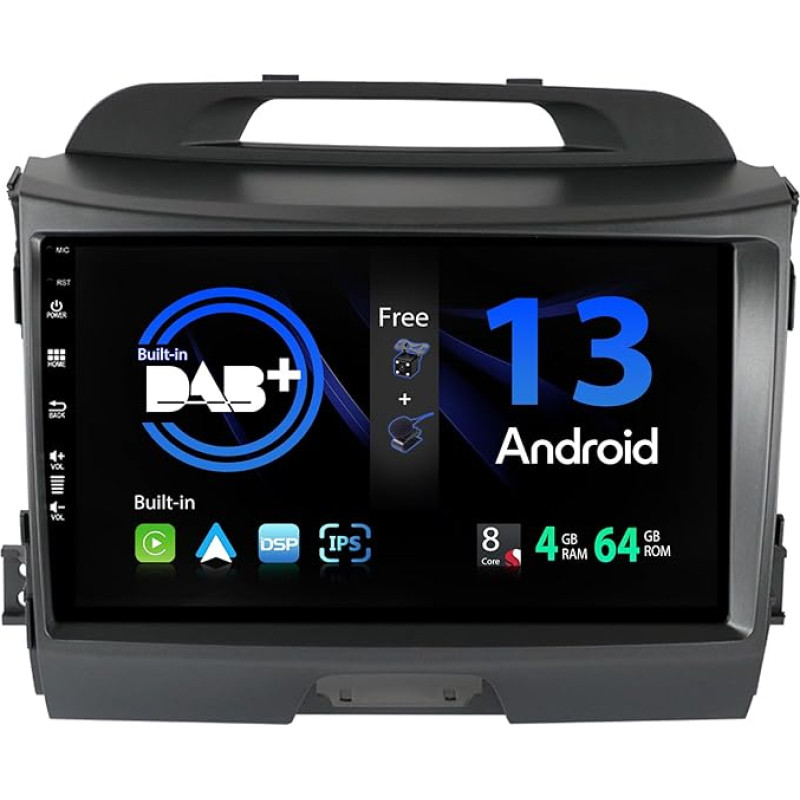 SXAUTO Android 13 [Built-in DAB] IPS Car Radio for Kia Sportage (2010-2015) - Built-in Carplay/Android Car - LED Camera + Mic - 4G + 64G - DSP 360-CAM Steering Wheel Control Fast Boot - 2 DIN 9 Inch