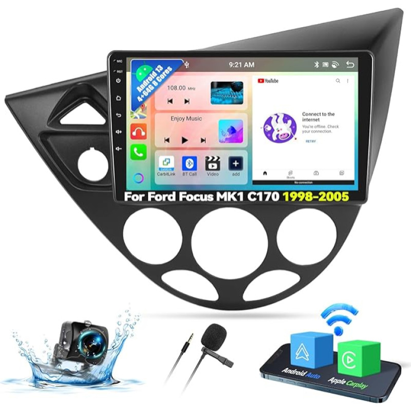 OiLiehu 4+64G 8 Core Android 13 Double DIN Radio Carplay Android Car Bluetooth Car Radio with Screen 9 Inch for Ford Focus MK1 C170 1998-2005 with Mirror Link WiFi GPS FM RDS DSP EQ Reversing Camera