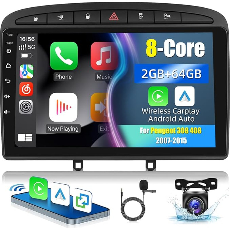 NHOPEEW 8 Core 2+64 Android Car Radio for Peugeot 308 2007-2013/408 2007-2017 with Wireless Carplay - WiFi GPS SWC 32EQ DSP FM RDS Spilt Screen + AHD Rear View Camera & Microphone