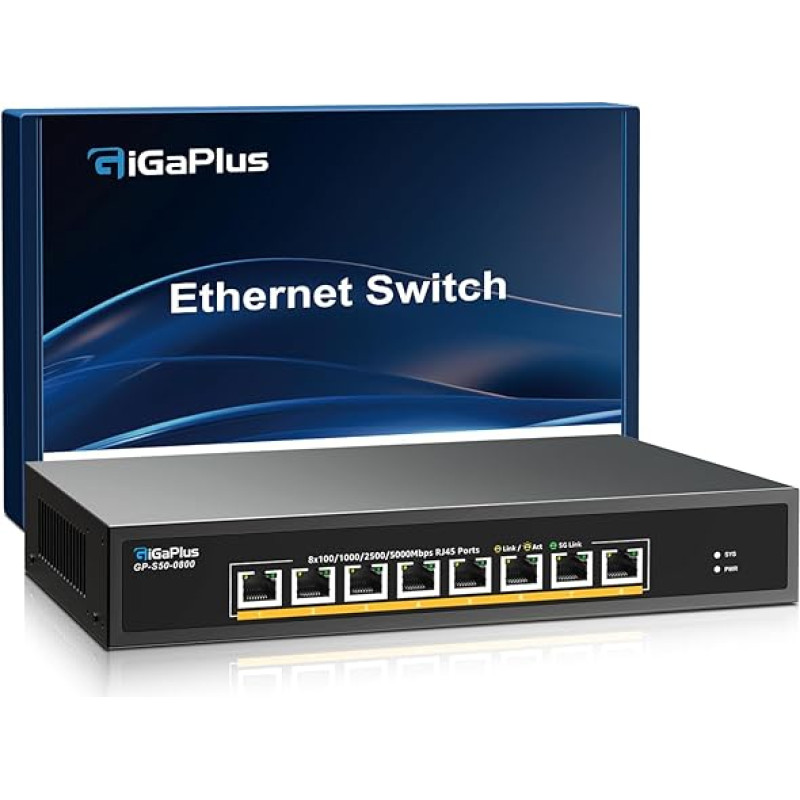 8 prievadų 5Gb nevaldomas eterneto komutatorius su 8 x 5G Base-T prievadais. 