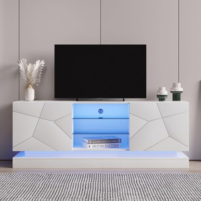 KOMHTOM Baltos spalvos televizoriaus spintelė su šviesos diodais, dviejų durų ir atviro sandėliavimo skyriaus šoninė spintelė, universali spintelė svetainei ir miegamajam, 160 x 38,5 x 60 cm (A)