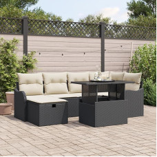 Rantry 7-teiliges Garten Sofa Set mit Kissen Schwarz Poly Rattan, 2-Sitzer Garten Sofa mit Kissen Schwarz Poly Rattan Gartenlounge Modelis3359714