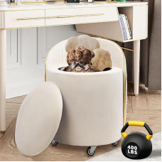 Klasika Runder Samt Hocker mit Stauraum Lendenstütze Drehbarer Schminkhocker mit Lenkrollen Beiger Multifunktionshocker für Wohnzimmer Schlafzimmer als Beistelltisch Fußbank