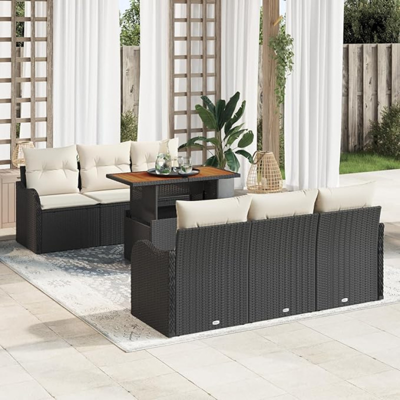Rantry 7-teiliges Garten-Sofaset mit Kissen Schwarz Poly Rattan Akazie, 2-Sitzer Garten-Sofa mit Kissen Schwarz Poly Rattan Gartenlounge Model3349403