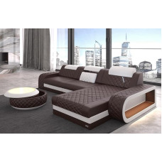 Berlin L Shape Corner Sofa Leather with LED Light Leather Sofa Ottoman Couch with Headrests (Ottoman Right, Brown/White)