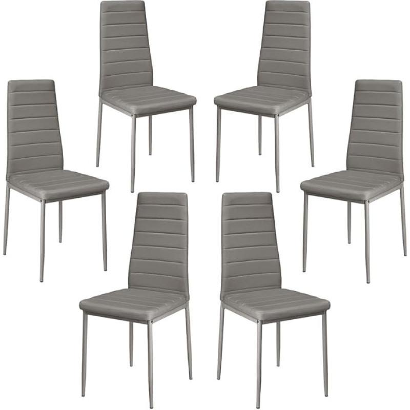 Valgomojo kambario kėdės, 6 kėdžių rinkinys, modernios valgomojo kambario kėdės, dirbtinės odos apmušalas, aukštas atlošas, patogi valgomojo kambario kėdė, dirbtinės odos kėdė, patikrinta SGS (6, pilka)