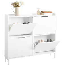 SoBuy FSR100-W Siaura batų spinta su 4 atvartais Erdvę taupanti batų spinta Aukšta komoda su 4 lentynomis Uždara batų spinta Prieškambario spinta, drabužinė 100 x 91 x 19 cm Balta