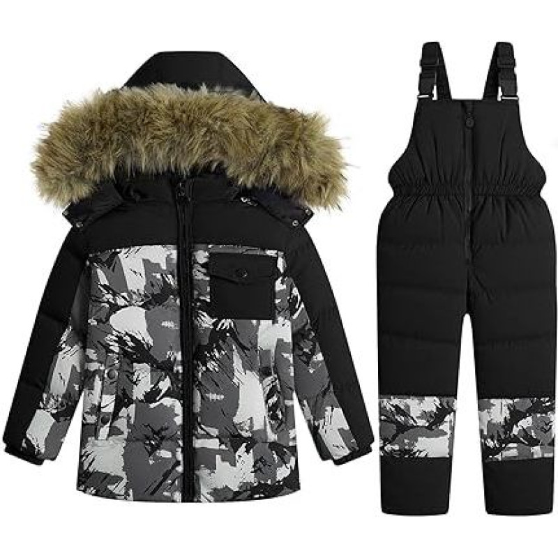 Vaikų pūkinė striukė Snowsuit su dirbtinio kailio gobtuvu Drabužių rinkinys Mergaitės Berniukai Sustiprinta žieminė striukė + slidinėjimo kelnės Pūkinės kelnės Vaikų slidinėjimo kostiumas Juoda su kamufliažu 4-5 metai