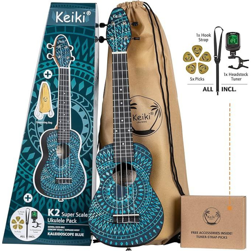 Ortega Guitars Soprano Super Scale Ukulele Acoustic - Keiki K2 Series - Su priedais - Agathis, ABS, Blue Kaleidoscope (K2SS-BKC)