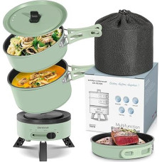 Camping Kochgeschirr Set für 2-4 Personen, 2 IN 1 Elektro und Gaskocher, Kombiniere 700W Elektrische & 2200W Gas, Camping Geschirr Campingkocher für Wohnmobil, Drinnen, Draußen