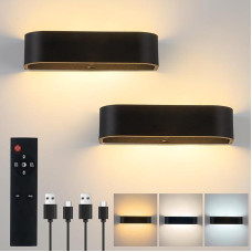 SURPALIG Wall Lamp with Motion Sensor Indoor 6000 mAh Wall Light Indoor Black Pack of 2 Wall Lamp with Switch, 3 Colour Temperatures, Remote Control, Dimmable, Battery Wall Light with Timer Function