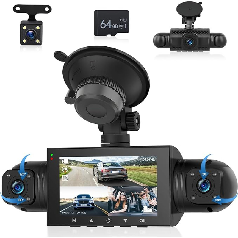 360° 4 kanalų prietaisų skydelio kamera automobiliui, 4 kameros FHD 1080P priekyje ir gale kairėje dešinėje, 3 colių 1080P prietaisų skydelio kameros automobilinė kamera su IR naktinio matymo / kilpos vaizdo įrašu / 24H parkavimo monitorius / jutiklis / p