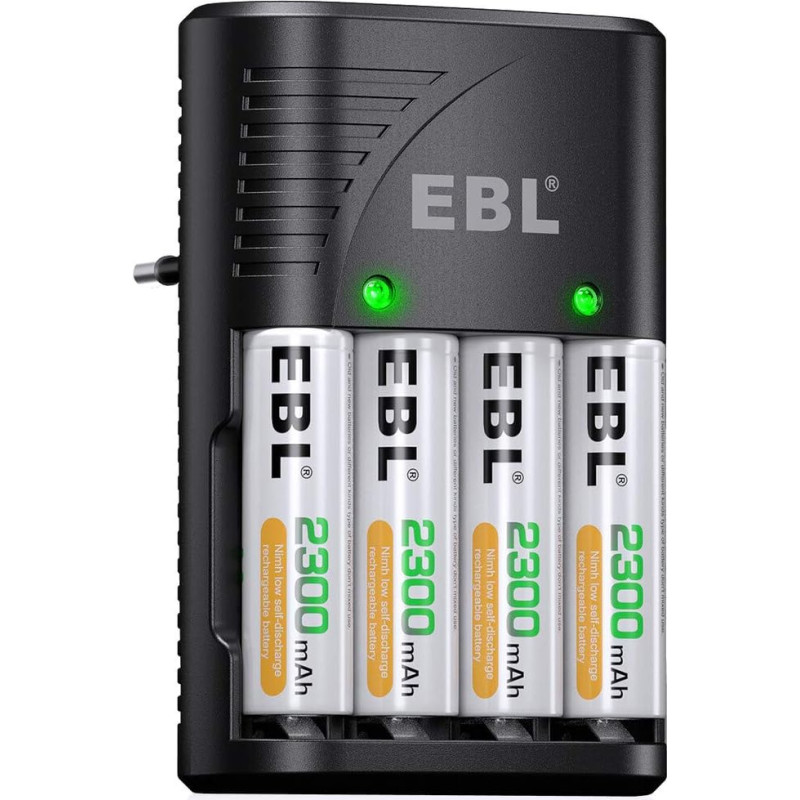 EBL universalus įkroviklis, greitai įkraunamas AA, AAA ir 9 V įkraunamoms baterijoms, išmanusis įkroviklis su LED indikatoriumi + 4 vnt. AA 2300 mAh įkraunamų baterijų