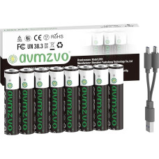 avmzvo AAA Battery, 1.5V 1100mWh, Rechargeable USB-C Lithium Battery with 2-in-1 USB-C Charging Cable, 2-3 Hours Fast Charging, 8 Pack