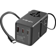MINIX Universal Travel Adapter 100W with Retractable USB-C Cable, PD 3.0 GaN III, USB-C Ports x 3 USBA x 1, AC Port, Global Travel Charger for Laptops, Tablets, Phones