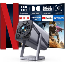 Mini projektorius 4K [Netflix oficialus|Dolby Audio] 600ANSI išmanusis projektorius Namų kinas Full HD 1080P Automatinis fokusavimas Vertikali vertikaliojo lizdinio iškraipymo korekcija 360° pasukamas WiFi6 Bluetooth trumpo atstumo projektorius