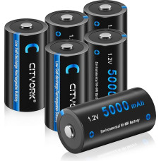 CITYORK 5000 mAh 1,2 V NI-MH C tipo įkraunamos baterijos, didelės talpos, puikiai tinka kasdieniam naudojimui ir verslui, su baterijų skyriumi - 6 vnt.