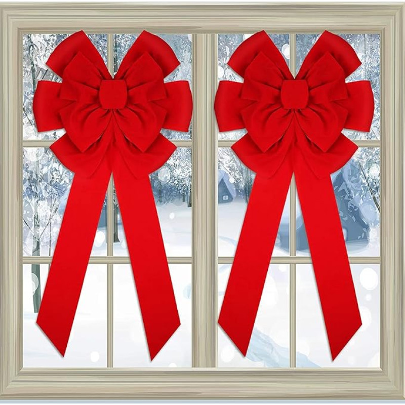 KAHEIGN 2 x Kalėdų lankai Velvet Bow, Kalėdų eglutės lankas, 90 cm x 45 cm, didelis raudonas lankas, Kalėdų vainiko lankas Kalėdų eglutei, židiniui, lauko durų apdailai