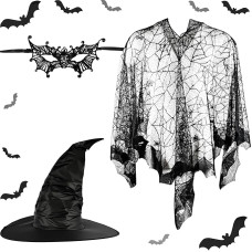 Helovino šešiakojų kaukės rinkinys su šešiakojų kaukėmis Schwarz Verzauberter Web Poncho und Spitze Maskerade Maske für Frauen Halloween Party Cosplay