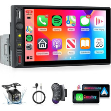 Hodozzy Car Radio 1 DIN with Wireless Carplay Android Car Mirror Link, 7 Inch Touchscreen with Bluetooth FM Radio USB/Type-C Input SWC Colour Backlight Car Multimedia Player + Reversing Camera