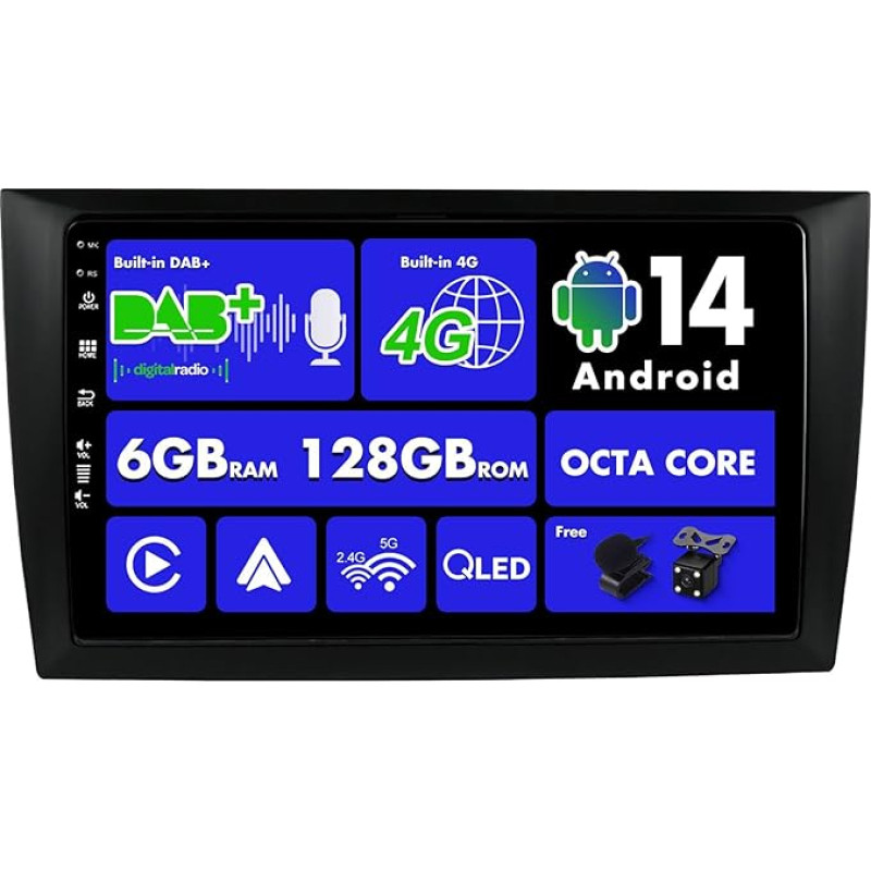 SXAUTO Android 14 - Integruotas 4G LTE DAB - 6G + 128G - Automobilinis radijas VW Golf 6 (2008-2016) GPS navigacijos radijas - WiFi - CarPlay Android automobilis - Kamera + mikrofonas - DSP vairo valdymas - QLED 9 colių 2