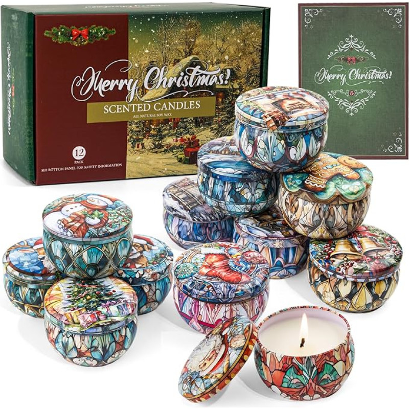 Kvapniosios žvakės Kalėdų dovana, 12 natūralaus sojų vaško aromaterapinių didelių žvakių pakuotė, 240 valandų degimo laikas, dovana moterims, skirta streso mažinimui ir kūno atpalaidavimui moterims