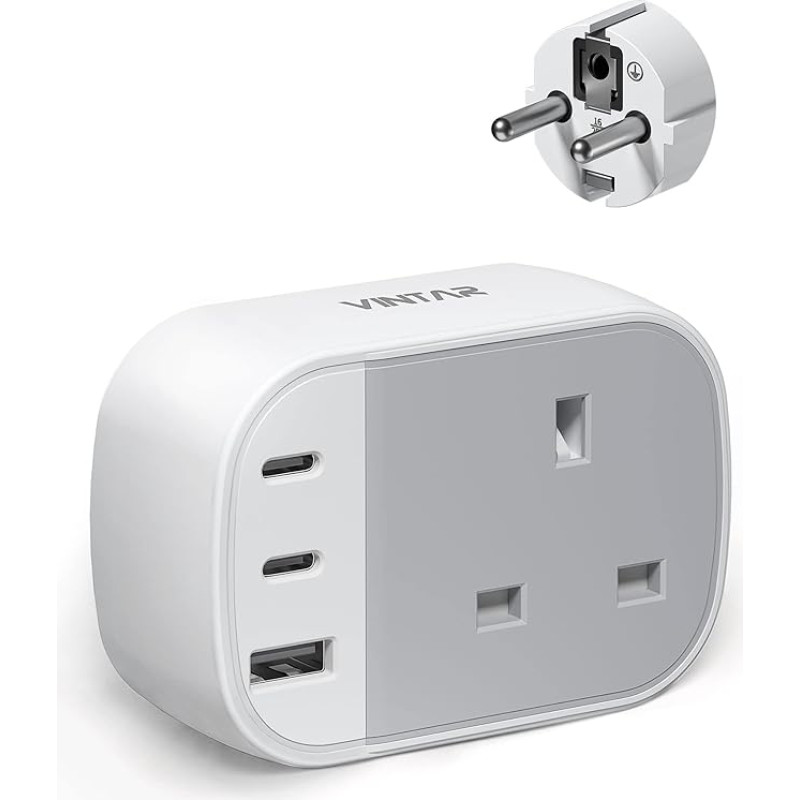 VINTAR Jungtinės Karalystės ir Europos kištuko adapteris, įžemintas Europos kelionių adapteris su 2 USB-C ir 1 USB-A prievadais, Jungtinės Karalystės ir ES kelionių kištukas Vokietijai, Prancūzijai, Ispanijai, Graikijai