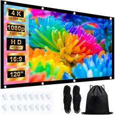 JASFLY Ekrano projektorius 120 colių 16:9 HD didelės raiškos projektoriaus ekranas, 4K sulankstomas nešiojamasis projektoriaus ekranas, 265 x 150 cm projektoriaus ekranas su 2 x 5 m virve ir 16 kabliukų, skirtas stovyklavimui ir namams