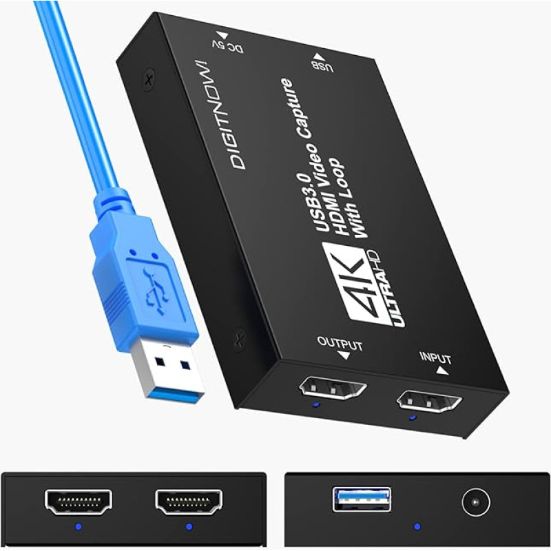 DIGITNOW! Vaizdo įrašymo kortelė Žaidimų fiksavimo kortelė 4K HDMI įvesties pralaidumui su išvestimi 1080P 60FPS HDMI Loop-Out tiesioginiam transliavimui, skirta PS4, Xbox One, Xbox 360 ir kitiems įrenginiams, nulinis vėlavimas