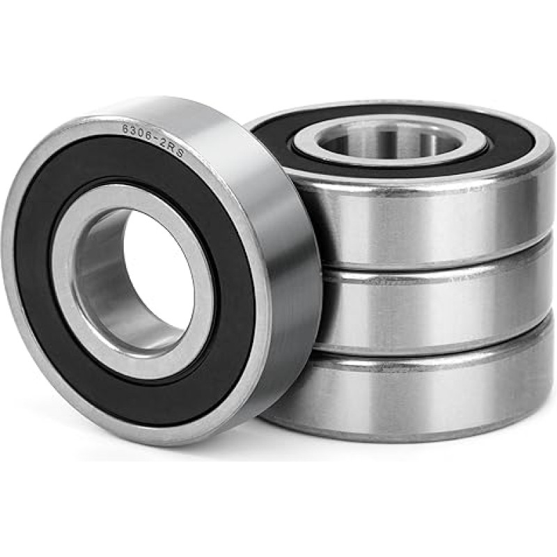 4 vienetai 6306-2RS rutuliniai guoliai, 30 x 72 x 19 mm, dvigubai apsaugoti giliojo griovelio rutuliniai guoliai, chromuoto plieno, iš anksto sutepti, 6306RS rutulinis guolis su dvigubu sandarikliu, skirtas 