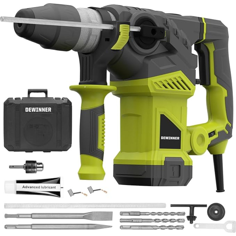 DEWINNER SDS-Plus plaktukinis gręžtuvas, 1500 W, 6 greičiai, 850 aps/min, 4400 aps/min, 5,5 J, apsauginė sankaba ir antivibracinė technologija, 3 funkcijos, komplekte yra organizatorius, kaltas ir 32 mm grąžtas