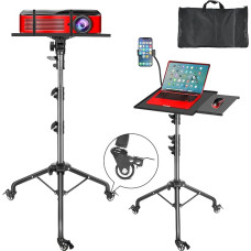 GlobalCrown Projector Stand Tripod Height Adjustable (66-160 cm), Projector Tripod Portable Laptop Floor Stand with Mouse Tray and Phone Holder, Tripod with Wheels for Office, Home, Stage, Podium, DJ