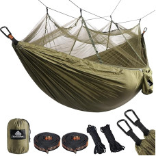 Naturefun Ultralight Mosquito Net Camping Hammock / 300 kg Load Capacity, (275 x 140 cm) Breathable, Quick-Drying / Includes 2 x Premium Carabiner Hooks 4 x Nylon Loops, 275 x 140 cm, Army Green