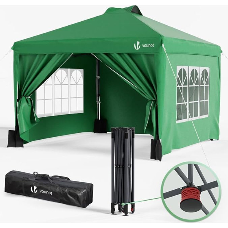 VOUNOT Pavillon 3x3m Wasserdicht Stabil Winterfest, Pop Up Faltpavillon mit 4 Seitenteilen und 5 Sandsäcke, Faltbar Partyzelt Gartenzelt Gartenpavillon inkl. Tasche, Grün