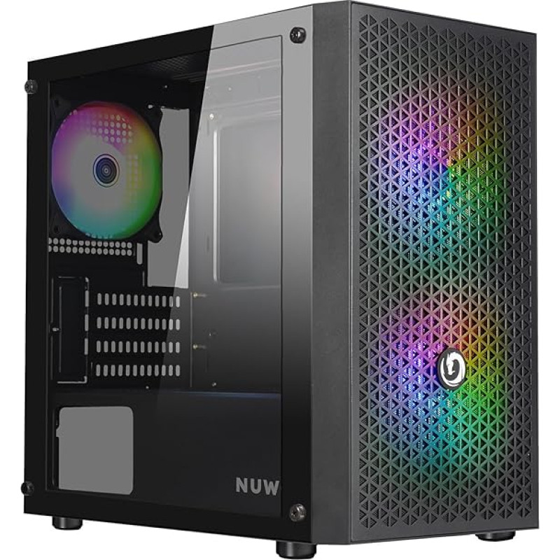 Nuwo Blitz R27 Micro ATX korpusas, skirtas kompiuteriams, staliniams kompiuteriams, žaidimams, mini bokštas, 0,50 mm SPCC, 3 ventiliatoriai, FRGB (fiksuotas vaivorykštinis apšvietimas), priekinis tinklelis ir grūdinto stiklo šoninė plokštė